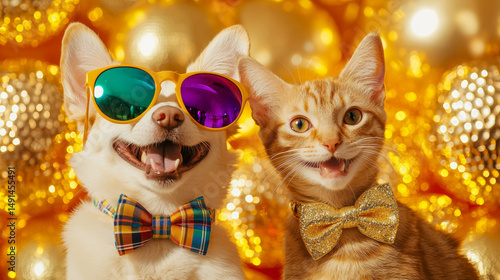 Smiling dog and cat wear sunglasses and bow decoration fashion outfits on disco shiny colorful backgorund. festival christmas new year celebrate party retro golden rich finance wealth poster