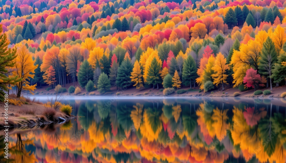 Obraz premium a serene autumnal landscape with a body of water reflecting vibrant fall colors from surrounding trees.