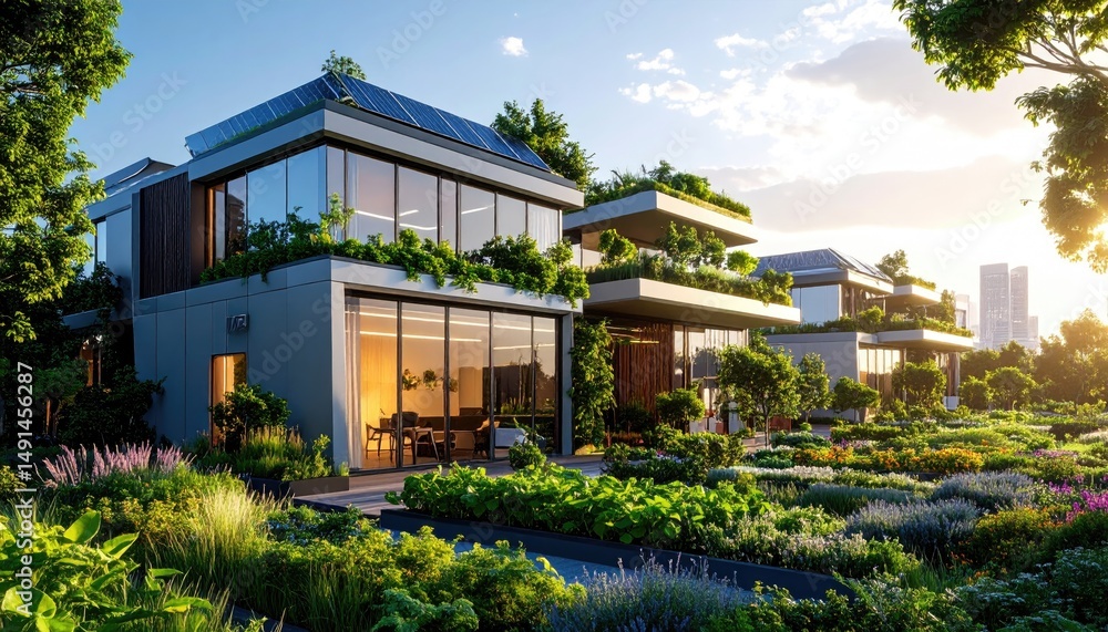 Fototapeta premium EcoFriendly Modern Houses with Lush Gardens at Sunset with Urban Oasis.