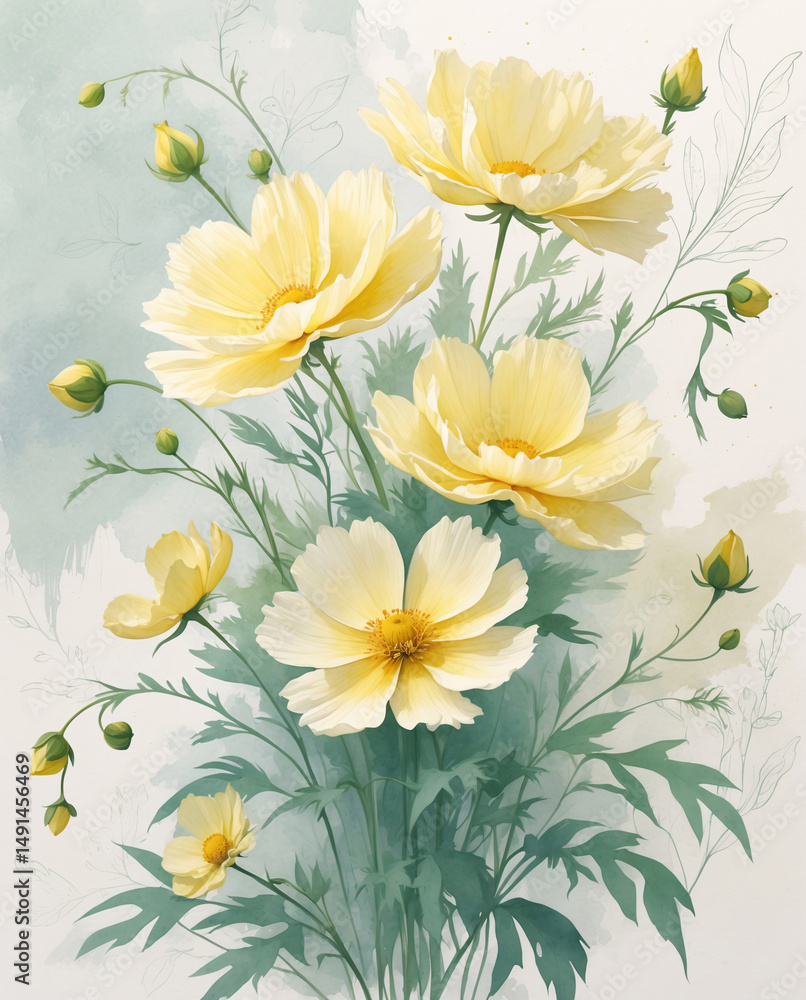 Obraz premium Cosmos flowers botanical digital print with soft yellow petals buds and light green leaves on cream background elegant decor painting floral botanical illustration wallpaper backgorund