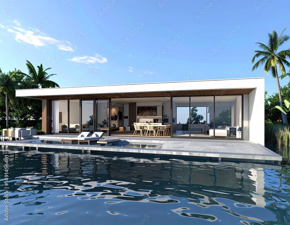 Fototapeta premium Modern Waterfront Villa Poolside Paradise with Palm Trees.