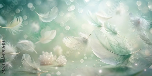 Ethereal White Feathers Drifting in a Soft Green Light, Creating a Dreamlike and Serene Atmosphere