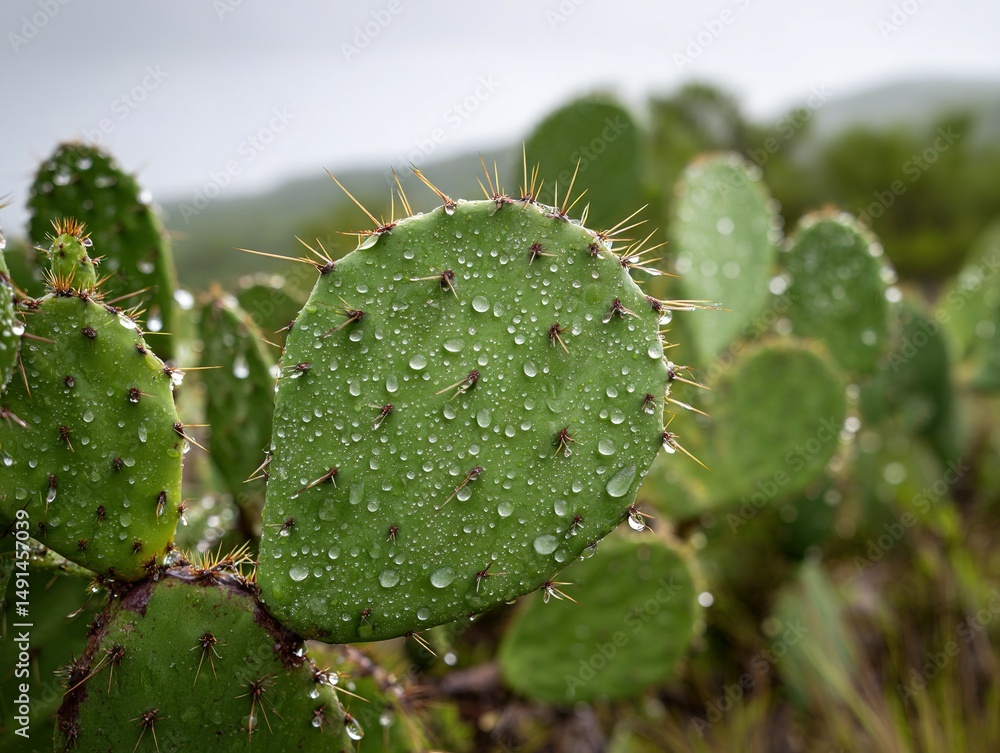 Close-up view of a prickly pear cactus leaf covered in rain drops. Close-up view of a prickly pear cactus leaf covered in rain drops.