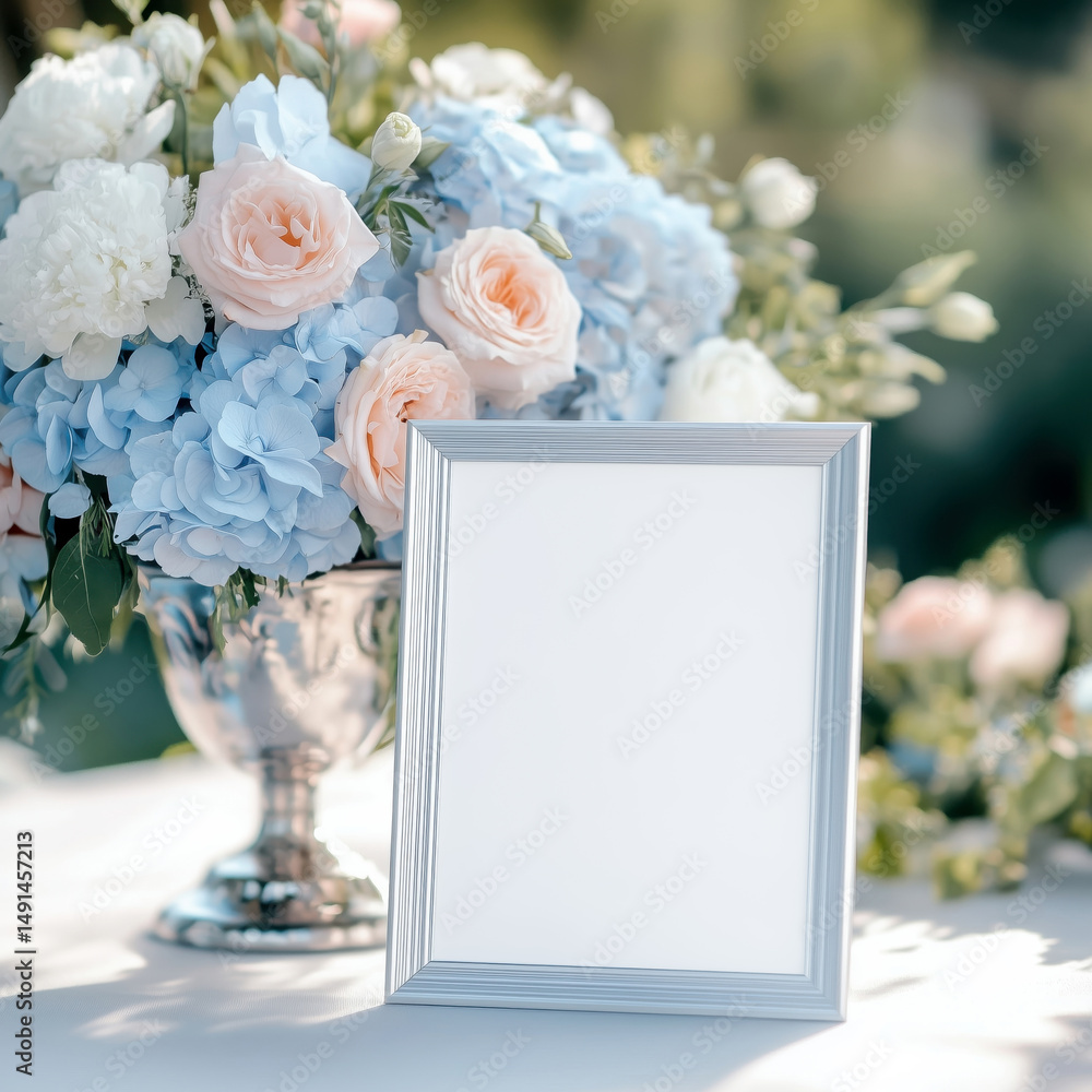 Obraz premium White frame mock up on the table decorated with bouquet of flowers