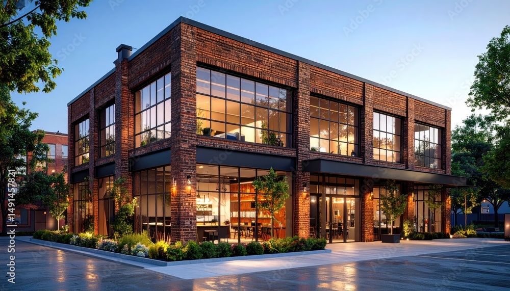 Fototapeta premium Modern Loft Building Brick and Glass Charm at Dusk.