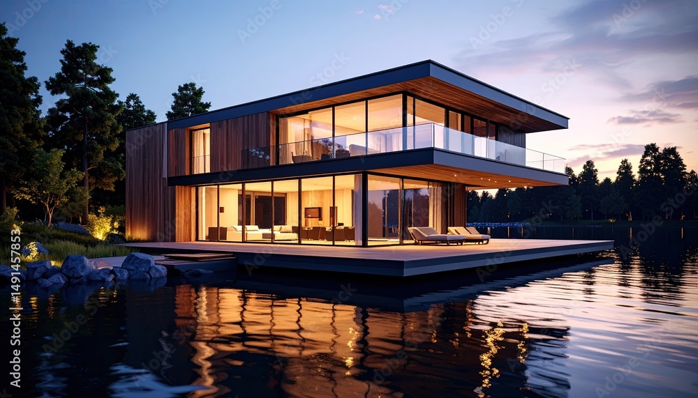 Fototapeta premium Lakeside Luxury Modern Home Reflects in Calm Lake at Dusk.