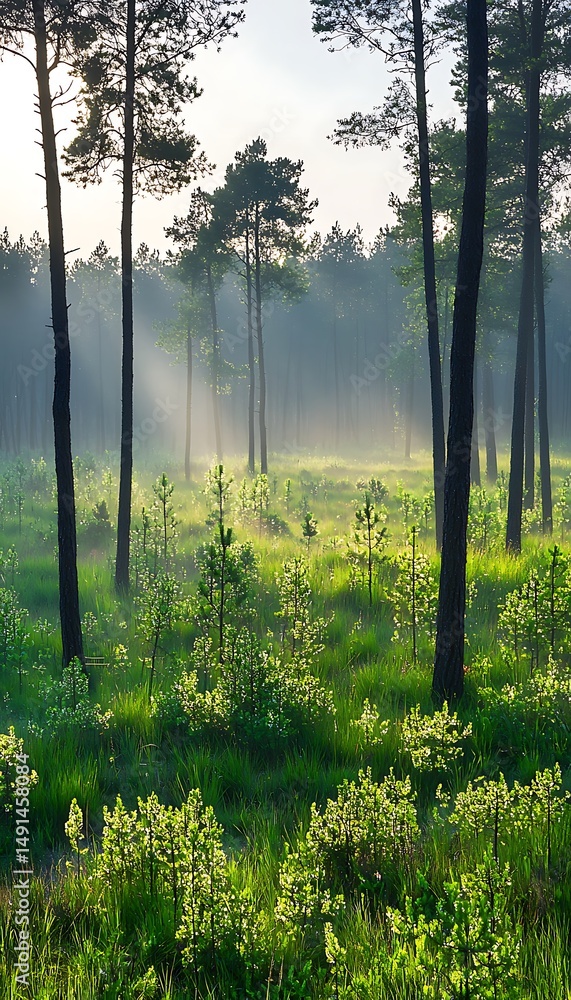 Obraz premium Misty forest at dawn