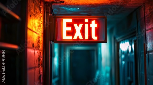 Wallpaper Mural A close-up of a bright exit sign above a doorway in a dimly lit hallway.

 Torontodigital.ca
