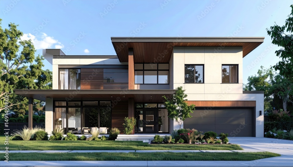 Fototapeta premium Modern home Contemporary design Luxury exterior with landscaping, and driveway.