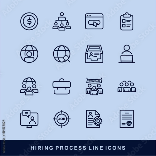 Hiring Process Line Icons. Recruitment, Job Application, Interview, Candidate Selection Vector Set
