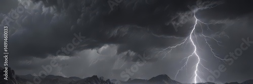 Heavy, churning grey clouds, jagged lightning streaks ,  wild,  dramatic