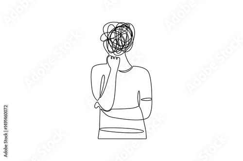 Continuous one line drawing of Woman with confused feelings. Single line drawing illustration of Work burnout and depression anxiety. Mental health concept vector art. Doodle line illustration.