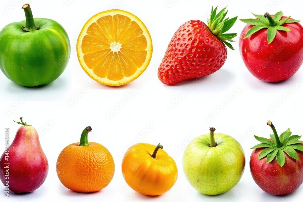 Assorted organic fruits and vegetables isolated, vegetables, overhead shot Assorted organic fruits and vegetables isolated, vegetables, overhead shot