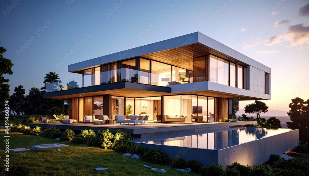 Fototapeta premium Modern Coastal Villa Luxury Living with Infinity Pool, and Sunset Skies.