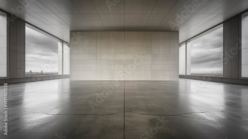 Minimalist modern interior space with concrete walls and city view windows