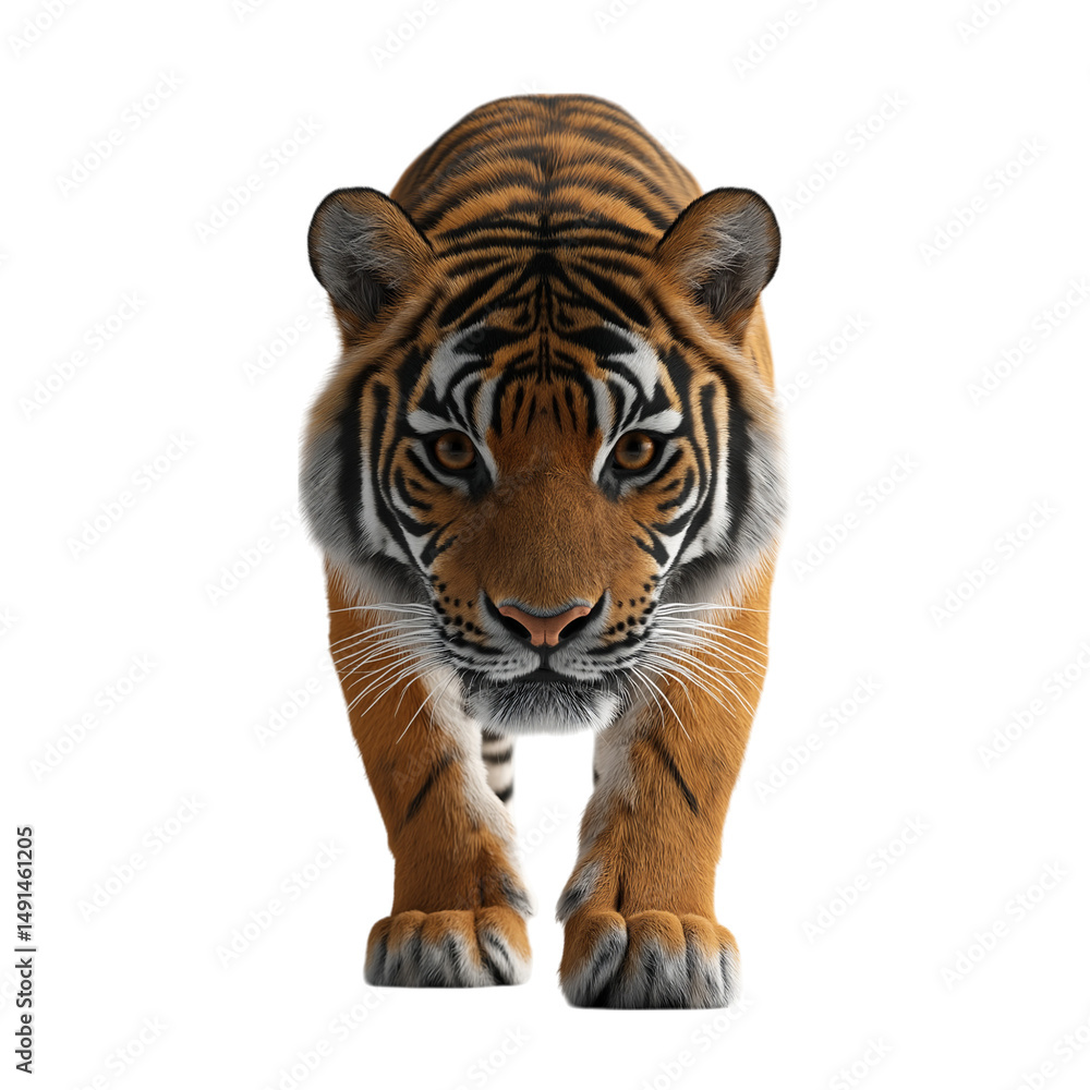 Obraz premium Front view of a majestic orange Bengal tiger with black stripes on a solid white background, realistic detailed portrait of powerful wild big cat, intense gaze, isolated wildlife stock photograph