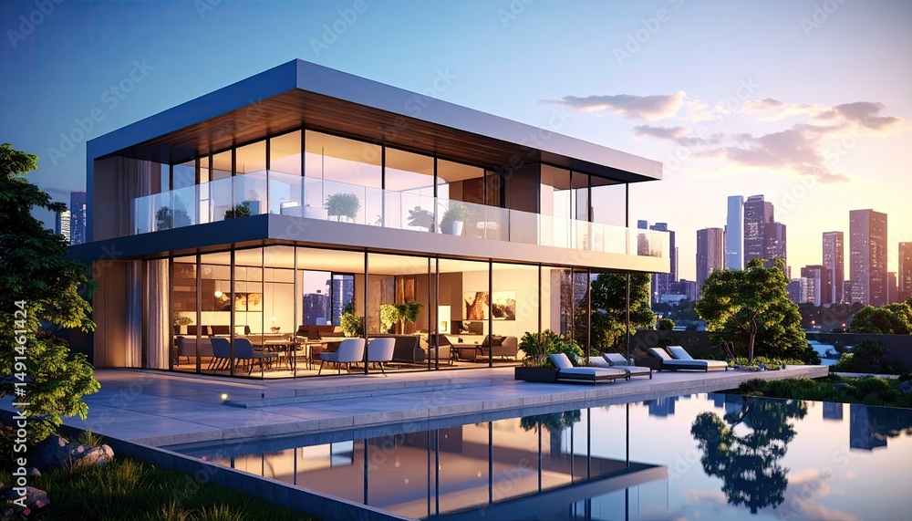 Fototapeta premium Modern Waterfront Mansion Luxury Living with Pool, and City Views at Sunset.