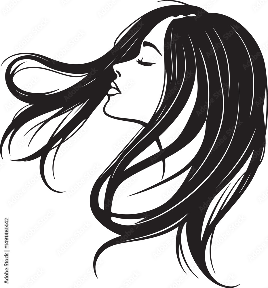 Εκτύπωση καμβά Elegant Woman Silhouette with Flowing Hair in Profile
A beautiful black silhouette vector of a woman's face in profile view, featuring long flowing hair and graceful feminine curves