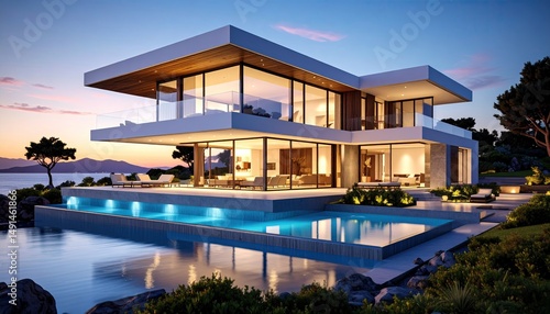 Wallpaper Mural Modern Coastal Villa Sunset over Infinity Pool with Luxury Living. Torontodigital.ca