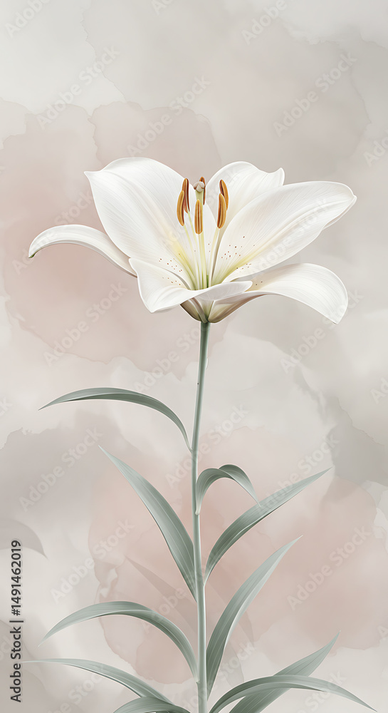 Obraz premium White Lily Delicate Bloom Illustration with Watercolor Background - Vertical Nature Wallpaper Design