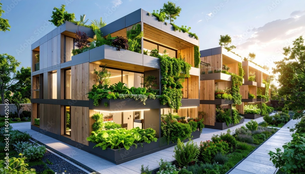 Fototapeta premium Green Living Modern ecohouses with lush gardens with sustainable design.