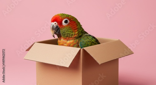 Curious parrot peeking out of a cardboard box against a pink backdrop