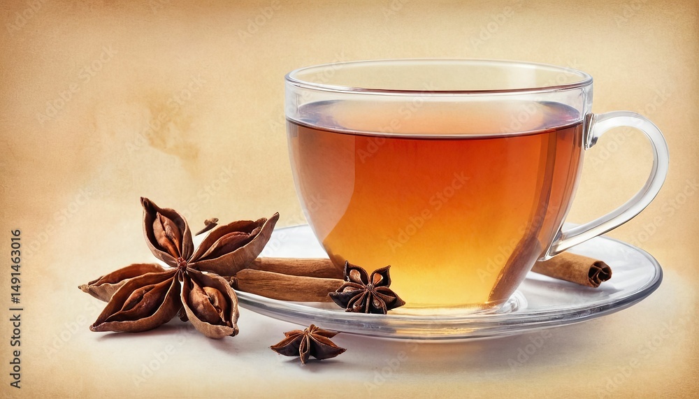 Aromatic spiced tea in glass cup with star anise and cinnamon Aromatic spiced tea in glass cup with star anise and cinnamon