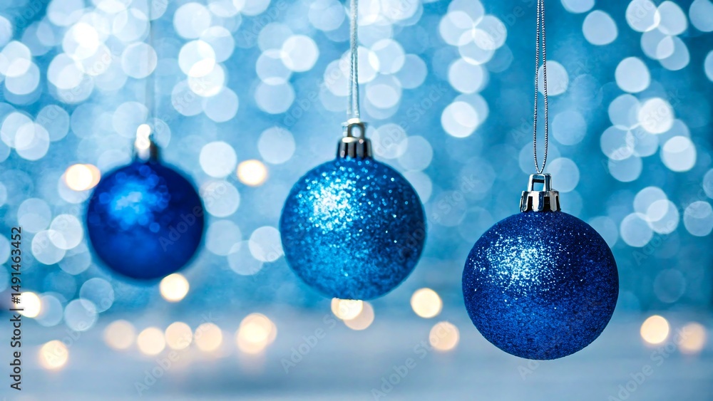Sparkling Blue Christmas Ornaments Hanging Against a Festive Light Background Sparkling Blue Christmas Ornaments Hanging Against a Festive Light Background