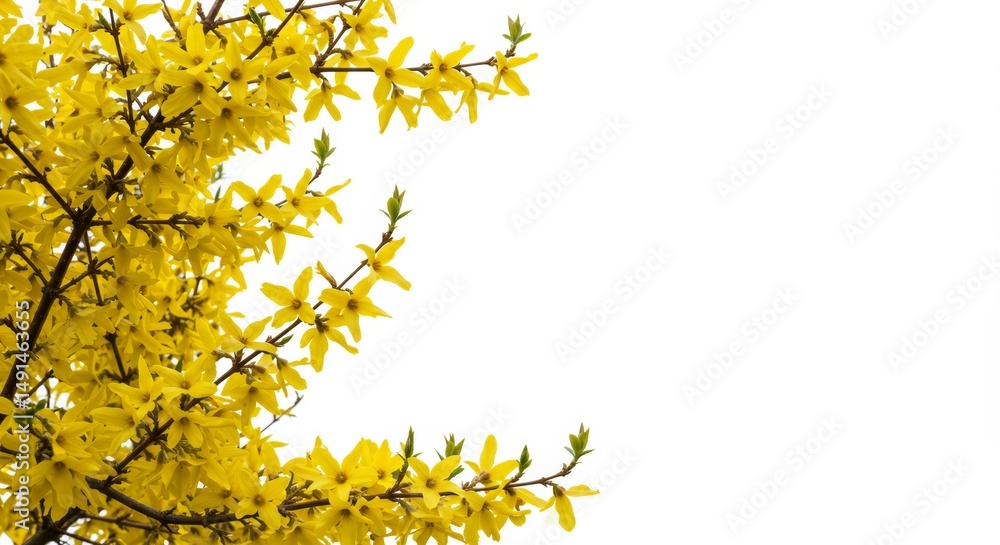 Golden Forsythia Blossoms in Spring Splendor Against a Seamless White Backdrop
