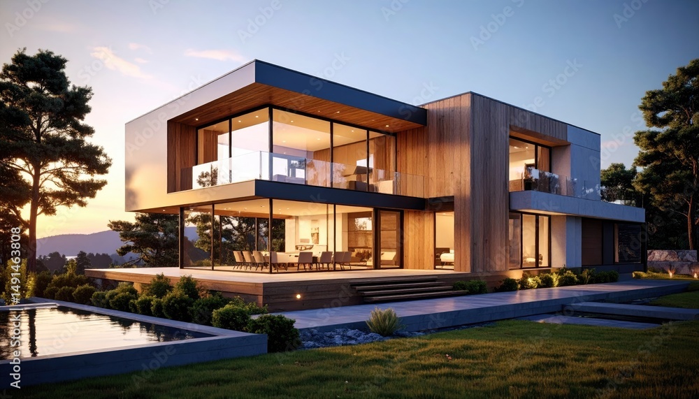 Fototapeta premium Modern Luxury Home at Sunset with Pool Mountain Views.
