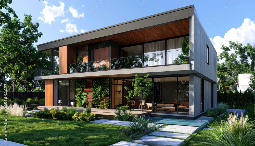 Obraz premium Modern Boxy House Oasis Greenery Serene Suburban Living.