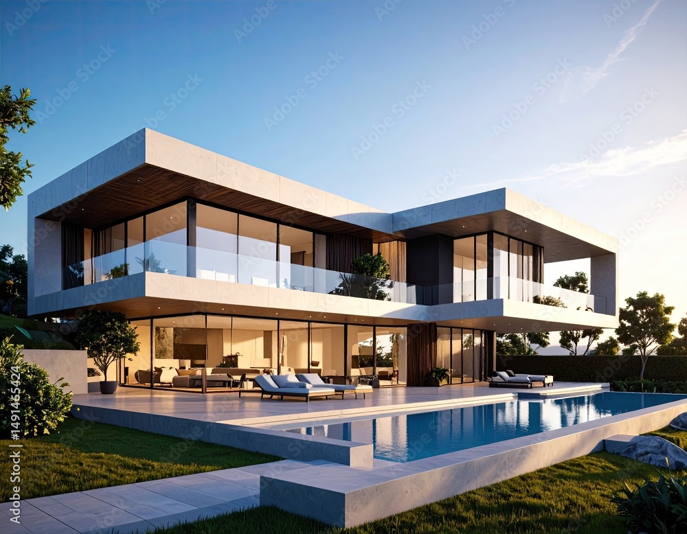 Fototapeta premium Modern Luxury Villa by Pool Serene Sunset View.