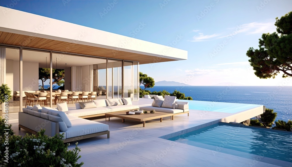 Fototapeta premium Luxury Villa Overlooking Infinity Pool and Ocean View.