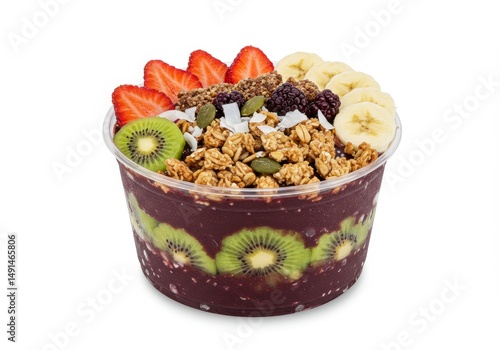 Acai bowl with granola, fruit and berries, a healthy and delicious dessert