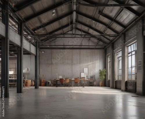 Open plan loft, high ceiling, raw metal framework,  empty,  open plan