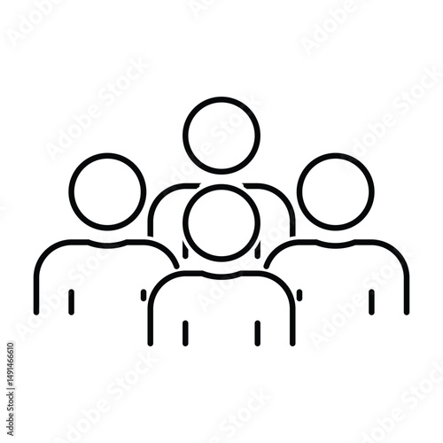 Simple black line icon depicting a group of four people, symbolizing teamwork, unity, and collaboration.