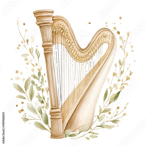 Grand Harp With Golden Strings, watercolor clipart vector, high quality, isolated on a white background.