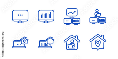Remote Work Line Icons . Freelancer Work from Home, Video Call, Online Meeting, Teleconference Vector Set