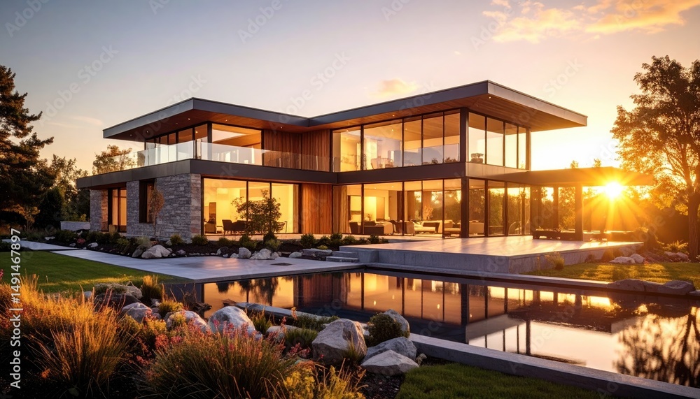 Luxury Lakeside Home Modern Architecture at Sunset. Luxury Lakeside Home Modern Architecture at Sunset.