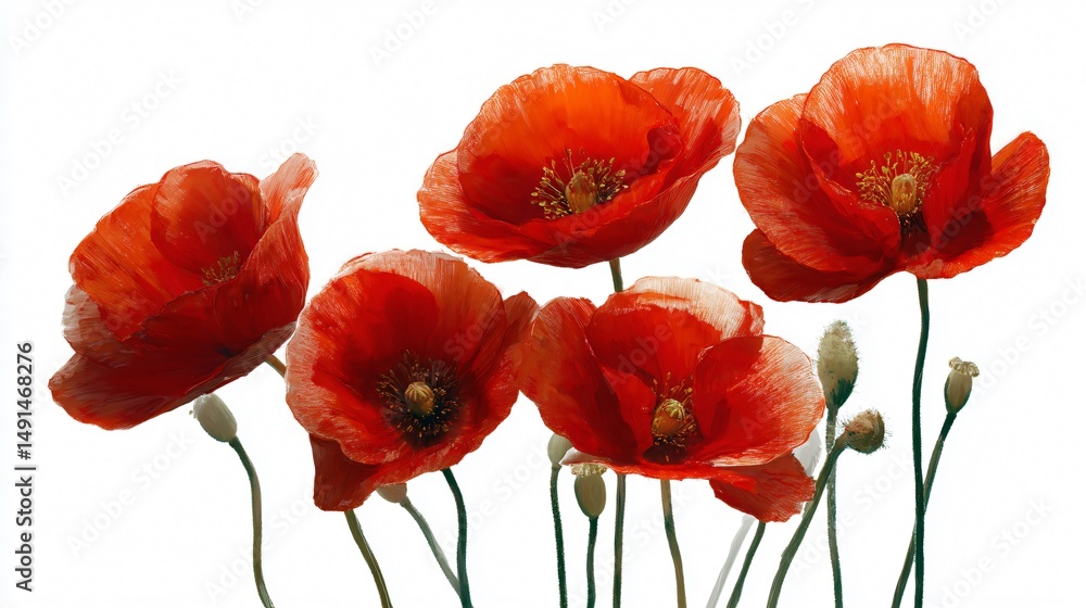 Obraz premium Vibrant Red Poppy Flowers Standing Tall in Isolated Background