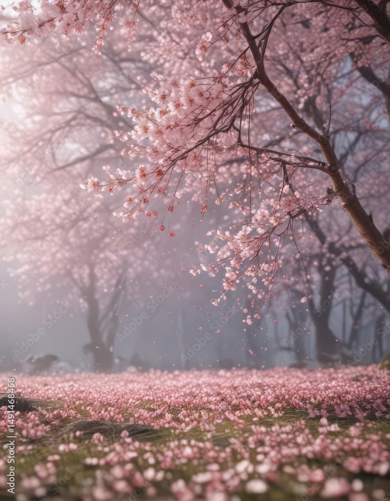 Naklejka premium Softly falling sakura petals create a hazy, romantic spring scene , petal fall, cherry blossom, flower