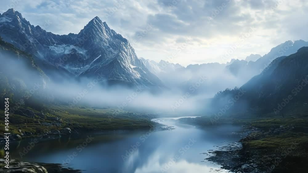 Misty mountain valley river landscape Misty mountain valley river landscape