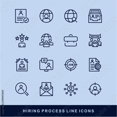 Hiring Process Line Icons. Recruitment, Job Application, Interview, Candidate Selection Vector Set