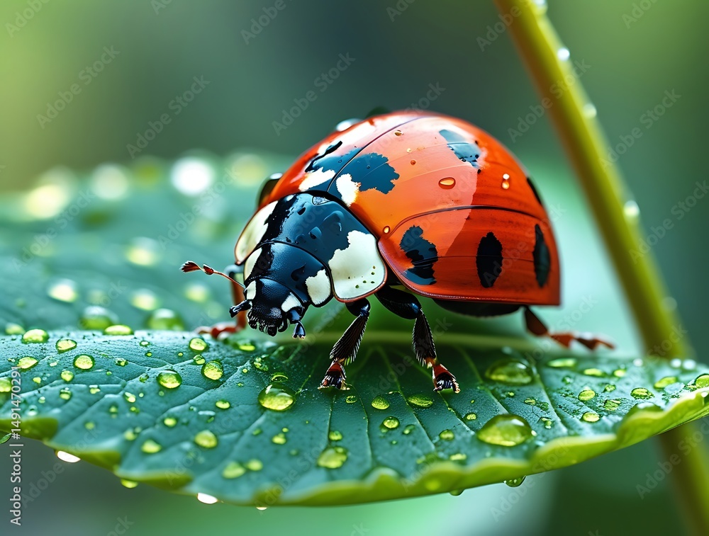 Fototapeta premium Close-up macro of a red ladybug with black spots resting on a dewy green leaf, capturing natural beauty, vibrant color contrast, and the delicate balance of garden insect life in nature