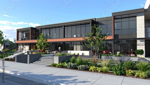 Wallpaper Mural Modern Office Building Facade Brick  Glass Exterior Sunny Day. Torontodigital.ca