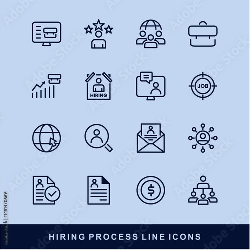 Hiring Process Line Icons. Recruitment, Job Application, Interview, Candidate Selection Vector Set