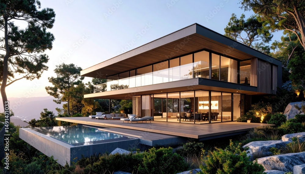 Modern Luxury Hillside Home with Infinity Pool at Sunset. Modern Luxury Hillside Home with Infinity Pool at Sunset.