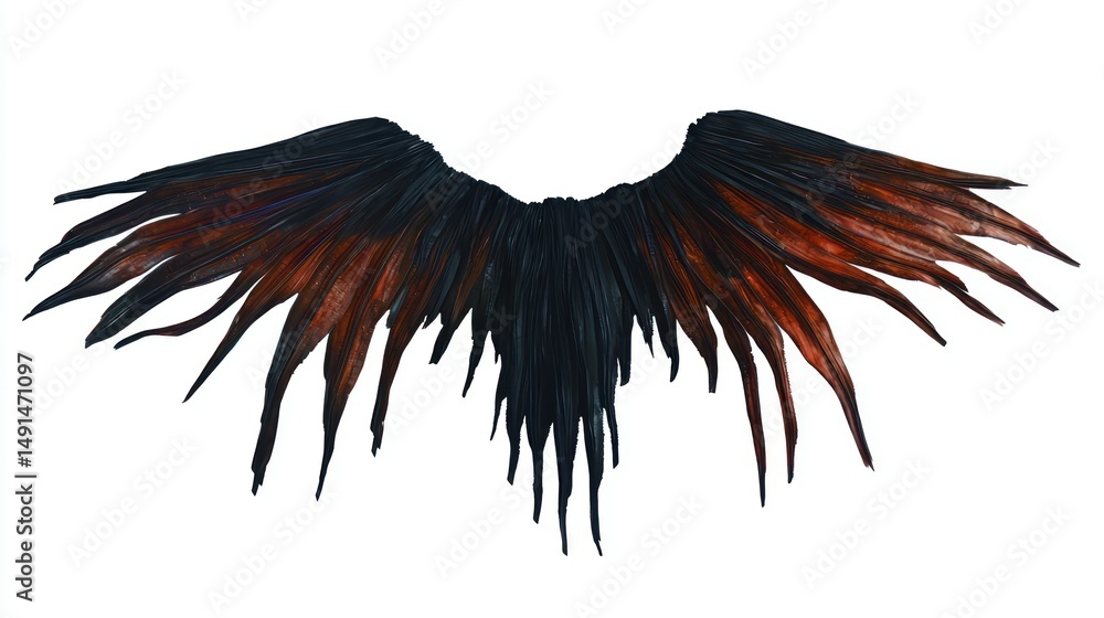 Fototapeta premium Dramatic feathered wings in shades of black and fiery copper against white backdrop