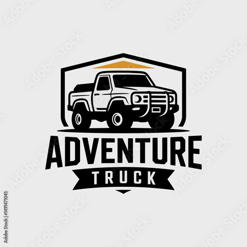 Rugged Adventure Truck Logo Design featuring a classic pickup truck framed within a stylized shelter, ideal for off-road vehicle businesses, overland expeditions, or outdoor gear brands.