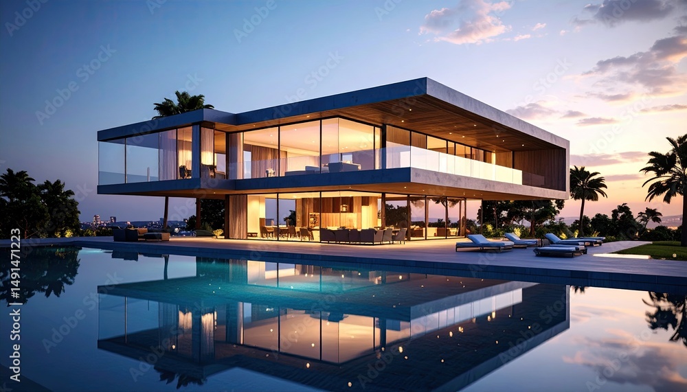 Fototapeta premium Modern villa by the pool at sunset Luxury lifestyle in paradise.